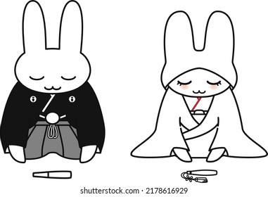 Illustration with a rabbit bride and groom bowing. Vector illustration.