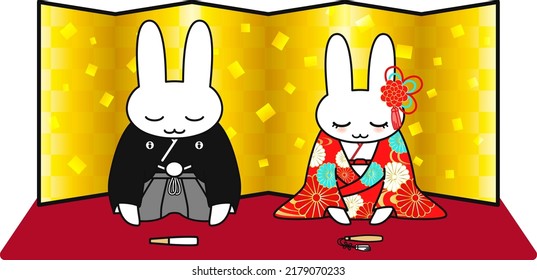 Illustration with a rabbit bride and groom bowing. Vector illustration.