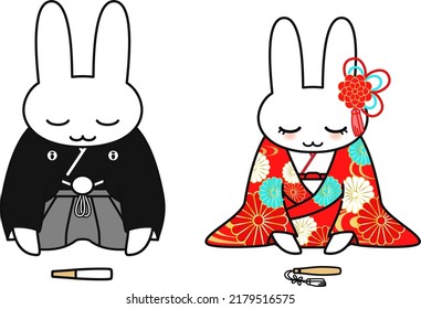 Illustration with a rabbit bride and groom bowing. Vector illustration.