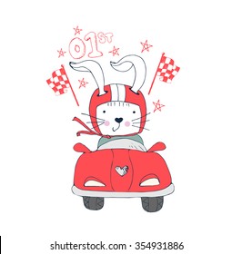 Illustration von Kaninchenmeister im Rennwagen/Kaninchenwettsieger/Elemente/schnelles Kaninchen/Kaninchen fährt einen Sportwagen/handgezeichnete Vektorgrafik-Sportart für Shirt-Design