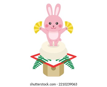 An illustration of a rabbit character holding a folding fan on top of a kagamimochi.