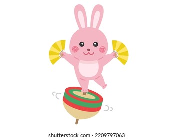 Illustration Of A Rabbit Character Riding A Top And Holding A Fan.