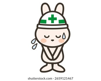Illustration of a rabbit at a construction site apologizing while sweating profusely
