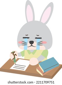 Illustration of a rabbit crying while writing at a desk