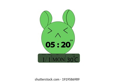 illustration of rabbit digital clock green emoticon sulking. icon, mascot, character. has a date, month, day and temperature