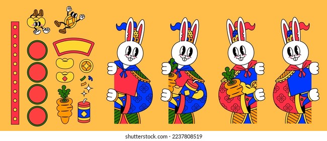 Illustration of rabbit door gods in Chinese costumes holding carrots, coins, and sycees in arms. Festive objects isolated on orange background