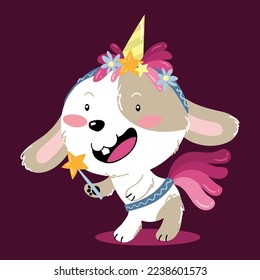 Illustration of a rabbit dressed as a unicorn with a magic wand in its hand