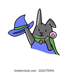 Illustration of a rabbit dressed as a wizard holding a lollipop, RPG game style