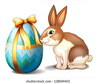 Illustration of a rabbit and an Easter egg with a ribbon on a white background