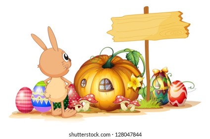 Illustration of a rabbit, easter eggs, a pumpkin and an empty signboard on a white background