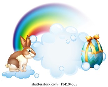 Illustration of a rabbit and an egg near the rainbow on a white background