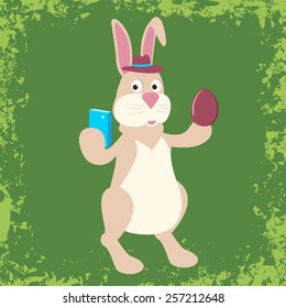  Illustration of rabbit with egg and smartphone. Happy Easter theme. Flat.