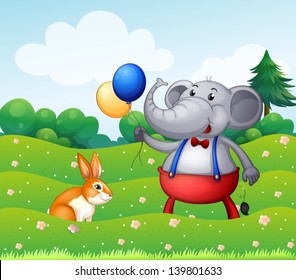 Illustration of a rabbit and an elephant with balloons