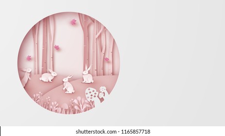 Illustration of rabbit family in the forest. Cute rabbit family in autumn forest. and place for your text space. paper cut and craft style. vector, illustration.