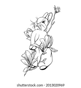 Illustration with a rabbit in flowers. Drawn by hand in ink. Isolated on a white background rabbit drawn in a linear style. Easter bunny on a white background. A sketch with a rabbit and magnolias.