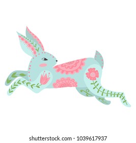 Illustration with rabbit and flowers in a Scandinavian style. Folk art.