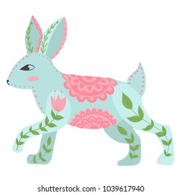 Illustration with rabbit and flowers in a Scandinavian style. Folk art.