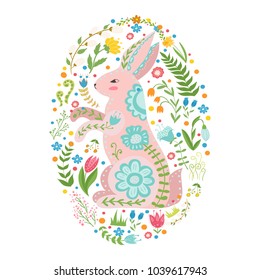 Illustration with rabbit and flowers in a Scandinavian style. Folk art.