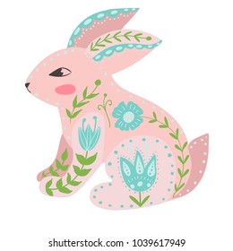 Illustration with rabbit and flowers in a Scandinavian style. Folk art.