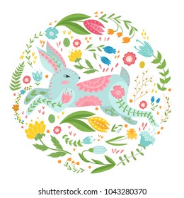 Illustration with rabbit and flowers in a Scandinavian style. Folk art