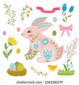 Illustration with rabbit and flowers in a Scandinavian style. Folk art
