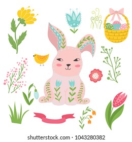 Illustration with rabbit and flowers in a Scandinavian style. Folk art