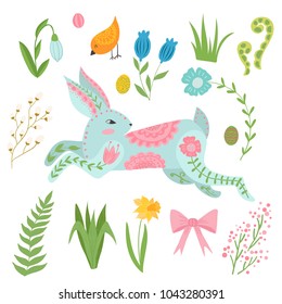 Illustration with rabbit and flowers in a Scandinavian style. Folk art
