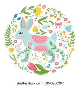 Illustration with rabbit and flowers in a Scandinavian style. Folk art