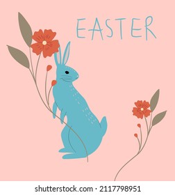 Illustration of rabbit and flowers. Suitable for Easter postcards