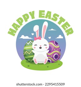 An illustration of a rabbit in front of egg. Happy Easter Label