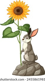 Illustration of a rabbit gazing at a large sunflower.