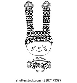 Illustration of rabbit head in knitted winter hat with cup of hot tea in hands. Print for clothes, card.