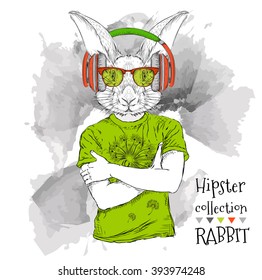 Illustration of rabbit hipster dressed up in t-shirt, pants and  in the glasses and headphones. Vector illustration.