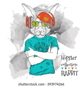 Illustration of rabbit hipster dressed up in t-shirt, pants and  in the glasses and headphones. Vector illustration.