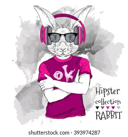 Illustration of rabbit hipster dressed up in t-shirt, pants and  in the glasses and headphones. Vector illustration.