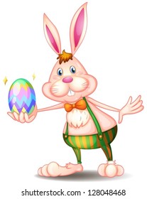 Illustration of a rabbit holding an easter egg on a white background