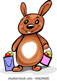 Illustration of rabbit holding pouch with fruits	