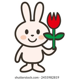 Illustration of a rabbit holding tulips