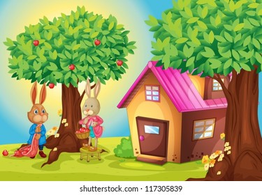 illustration of a rabbit and a house in a beautiful nature
