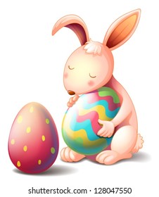 Illustration eines Kaninchens, das ein buntes Osterei auf weißem Hintergrund umarmt – Stockvektorgrafik