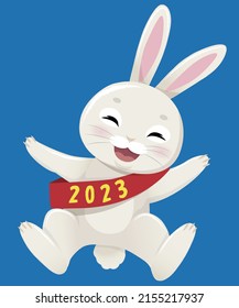 Illustration of a rabbit jumping with a sash, illustration of 2023