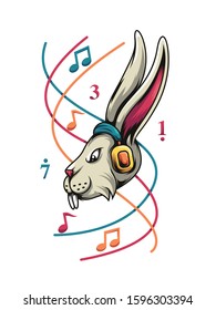 Illustration of a rabbit listening to music using headphones