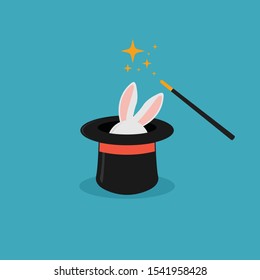 Illustration of rabbit in magic hat.   vector icon in trendy flat style