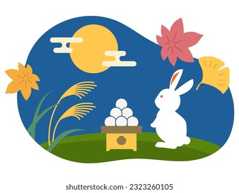 An illustration of a rabbit offering Tsukimi dango (moon-viewing rice cakes) and engaging in moon viewing