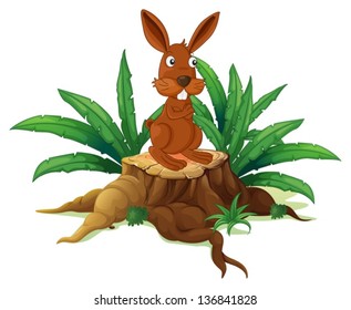 Illustration of a rabbit on a stump with leaves on a white background