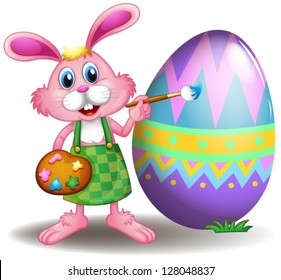 Illustration of a rabbit painting the easter egg on a white background