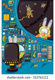 Illustration of Rabbit Pilot's Gang. Bunny astronaut control the rocket in space.