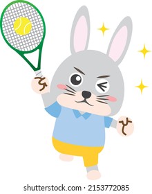 Illustration of a rabbit playing tennis happily