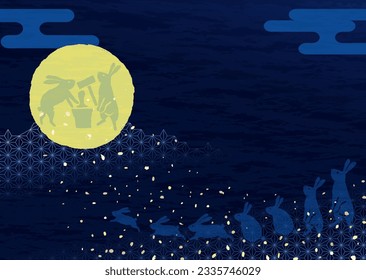 Illustration of a rabbit pounding rice cakes in the full moon Vector illustration material for moon viewing