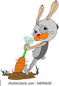 Illustration of a rabbit pulling carrot on white background